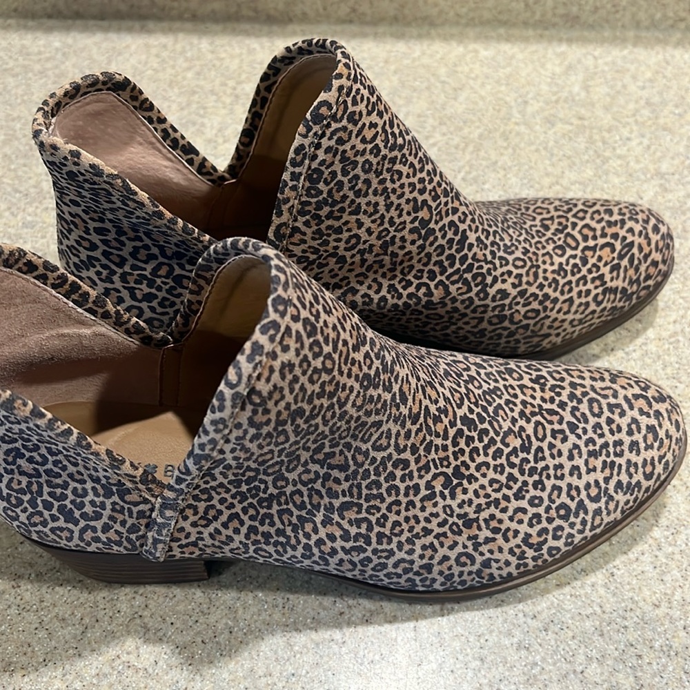 Stitch Fix Lucky Brand women’s leopard booties. Bailey cutout suede bootie